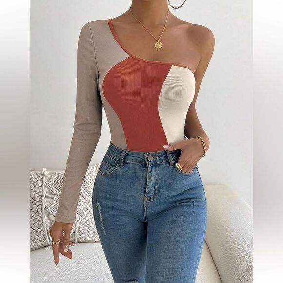 Asymmetrical Orange and Cream Bodysuit - Picture 1 of 7